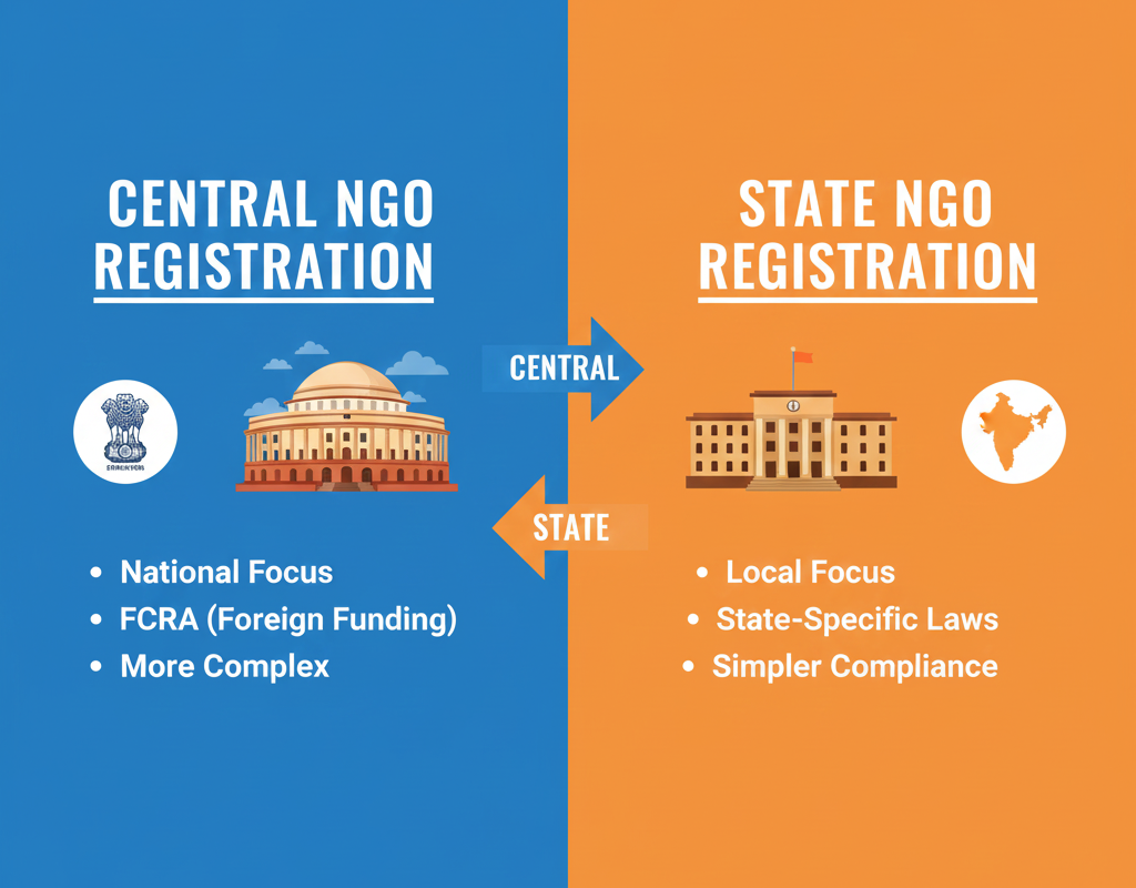 केंद्रीय बनाम राज्य एनजीओ पंजीकरण